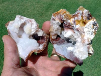 Photo Fire Agate geode specimen with chalcedony bubbles, clear quartz crystals, and splendid rose colored druzy crystalline formations.