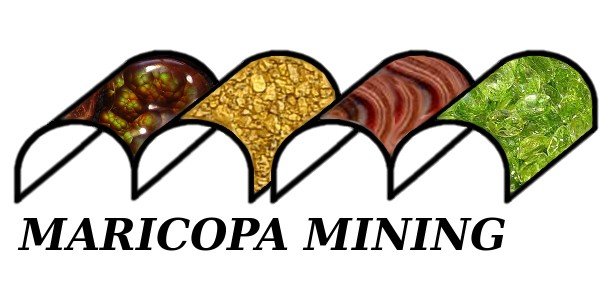 Maricopa Mining gemstone logo showing gold nuggets, polished agate, fire agate gemstones, and peridot gems.